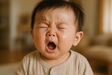Japanese baby sneezing adorably indoors, natural daylight, playful and cute expression, commercial use for lifestyle, family, childcare and wellness concepts