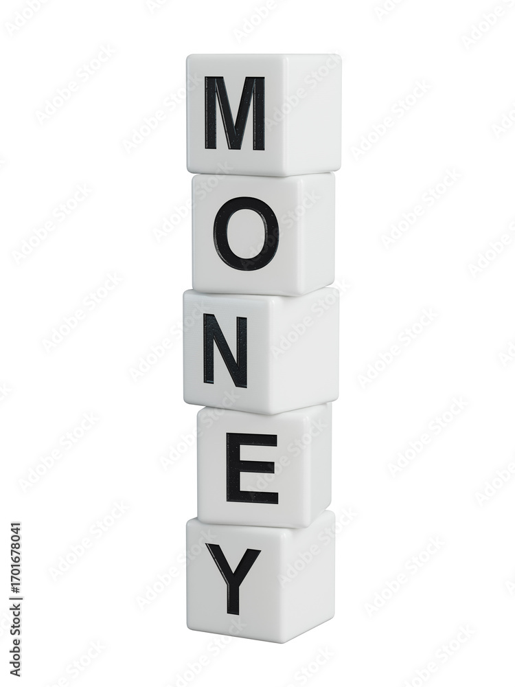 Poster money.wooden elements spelling.flat lay view from above on blue background with wooden elements butt