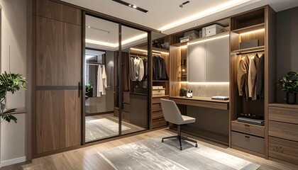 Multifunctional wardrobe design with sliding panels, built-in mirror, and fold-out workspace integration.