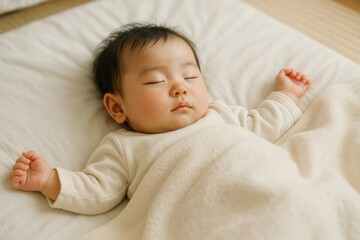 Japanese baby sleeping calmly on a futon with soft blanket, natural daylight, peaceful and gentle atmosphere, suitable for lifestyle, family, childcare and wellness backgrounds