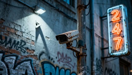 Urban Surveillance: Security Camera Protecting Graffiti-Covered Building Under Neon Sign, Ensuring 24/7 Safety