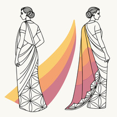 Illustration of a woman wearing a sari with floral pattern