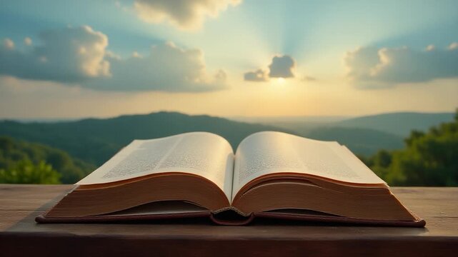 A book lying flat on a wooden desk or table, ready for reading or studying