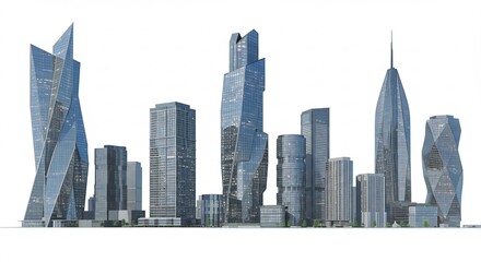 Naklejka premium (Mirai Toshi Kagayaku Kosou Birugun Shiro Haikyo Seimitsu Moderu) Translation: Future City Shining Skyscrapers White Background Precise Model. AI Generated