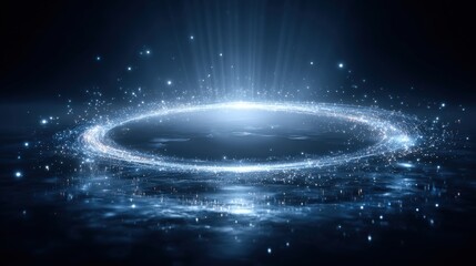 Abstract Circle Portal with Blue Light Burst and Sparkling Particles, Futuristic Technology Background