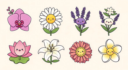Cute cartoon flowers and plants in various styles, including orchids, daisies, lavender, lilies, and plumeria.