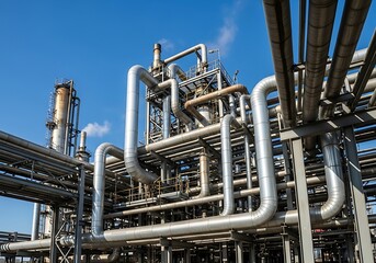 Complex network of industrial pipes and structures at a chemical plant under a clear blue sky, representing heavy industry and manufacturing