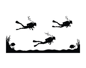 Silhouettes of three scuba divers exploring an underwater world with coral reefs and small fish in clear water
