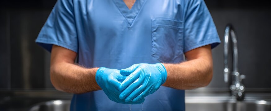 the focused surgeon scrubbing hands before stepping into the surgery room