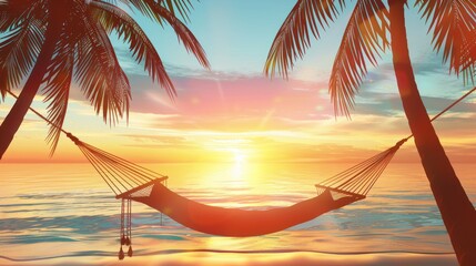 Relaxing Hammock Between Palm Trees at Sunset Over Calm Ocean