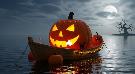 Halloween pumpkins and ghost float in a boat under the moonlight on the water