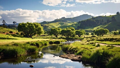 Fototapeta premium Tranquil waterway meandering through a sun-drenched pastoral scene of rolling green hills and verdant fields