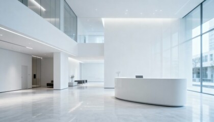 Fototapeta premium Modern Office Reception Area with Sleek White Design and Polished Floors, Welcoming Visitors to a Bright Lobby
