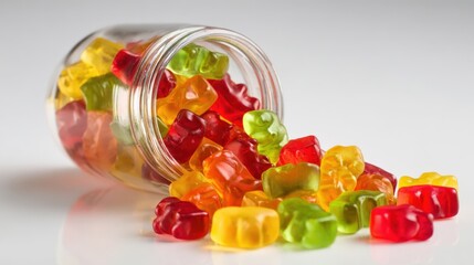 Colorful Gummy Bears Spill from Glass Jar, Sweet Treat Still Life on White Background