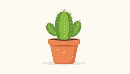 A cute, mini cactus in a patterned terracotta pot, rendered in a flat vector style with pale green segments, showcasing a simple and charming aesthetic