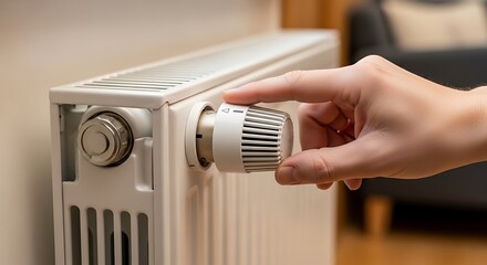 Hand Adjusting White Radiator Thermostat in Room with Soft Lighting