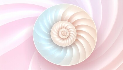 An elegant spiral seashell vector with soft pastel stripes, featuring a polished, iridescent surface with subtle highlights and a hypnotic, swirling vortex design