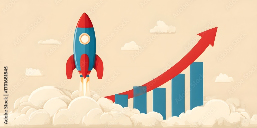 Aufkleber rocket launching with growth chart and clouds in the background