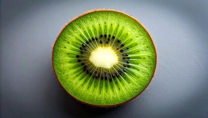 A high-quality render of a cross-section of a ripe kiwi fruit, showing its rich green pulp, small black seeds, and creamy white center