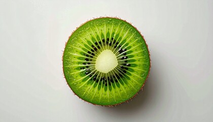 A high-quality render of a cross-section of a ripe kiwi fruit, showing its rich green pulp, small black seeds, and creamy white center
