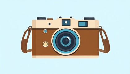A flat vector illustration of a retro-style camera with a brown body, a leather strap, and simple buttons and a lens on a light blue background