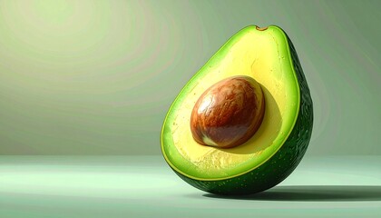A high-quality render of a single ripe avocado, cut in half to show the large pit inside, with smooth gradient shading and a clean, minimalist style