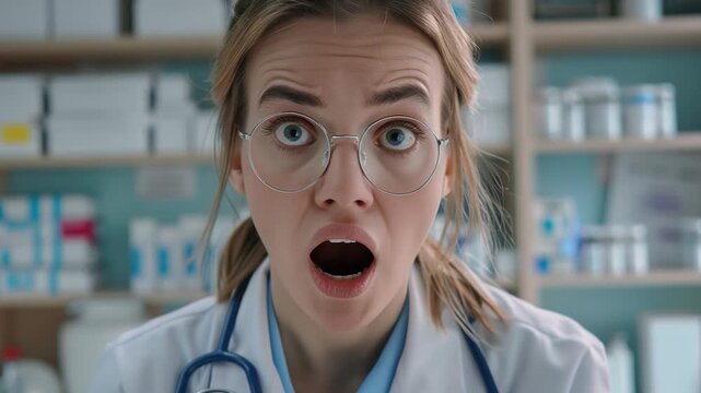 A woman in a lab coat and glasses makes a surprised face, an unexpected reaction to something in the lab