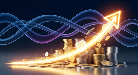 Visualizing robust financial growth and investment success, featuring stacks of currency coins alongside a dynamic, upward-trending luminous arrow