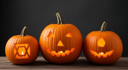 Three carved pumpkins glowing with candles on a wooden table for Halloween night