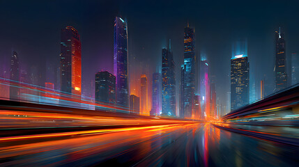 Fototapeta premium Futuristic cityscape with vibrant lights and motion blur at night AI Generated