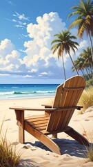A serene beach scene with a wooden Adirondack chair, showcasing a tranquil ocean view under a vibrant sky full of fluffy clouds.