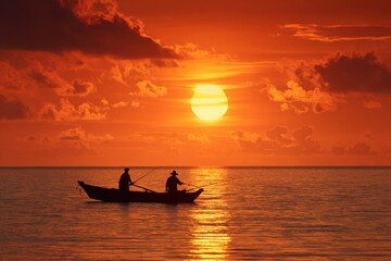 Obraz premium Two figures fishing in a small boat during a vibrant sunset over a calm sea