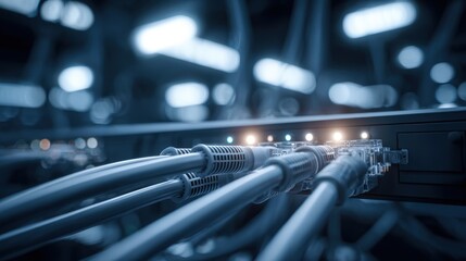 Data Center: Close-Up of Network Cables Connected to a Server, Emphasizing Connectivity and Information Technology