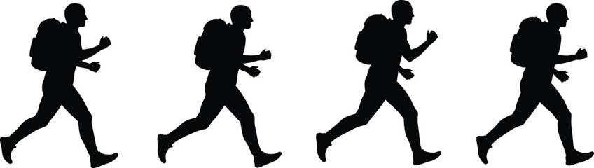 Silhouette illustration of man walking with backpack, hiking traveler, trekking journey, outdoor adventure lifestyle vector design isolated collection poses