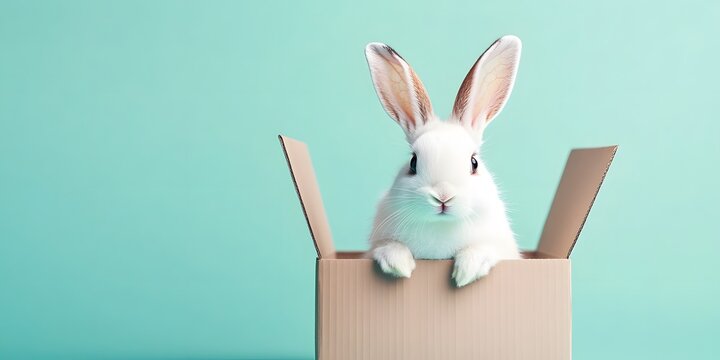 Cute white rabbit sitting in a cardboard box against a pastel background