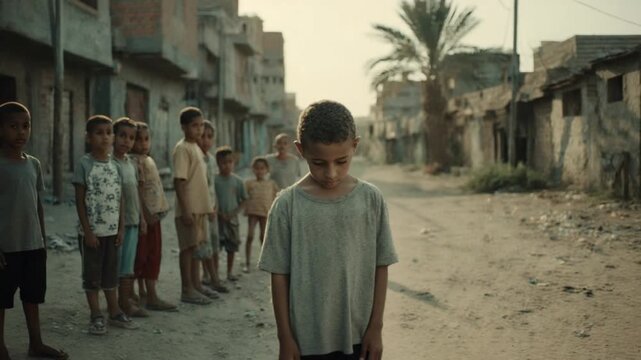 Solitary Reflection: A young boy stands alone in a dusty street, surrounded by a group of observing peers, capturing a moment of introspective contemplation.