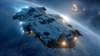 Spaceship in Space Flying Above a Planet with a Glowing Sphere AI Generated