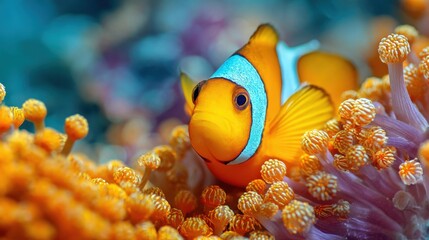 Obraz premium Clownfish Portrait Amidst Anemone: Vibrant Underwater Scene Capturing Marine Wildlife and Symbiotic Beauty