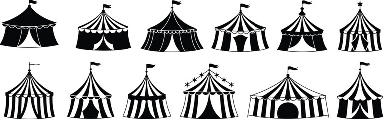 A collection of circus tents and canopies, featuring various vintage and classic striped silhouettes in black and white styles. © Hasan Creatives