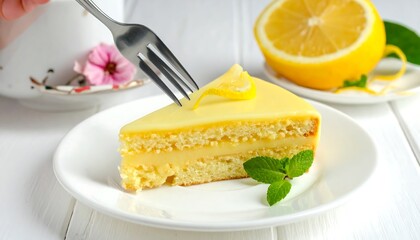 A slice of delicious lemon cake on a plate.
