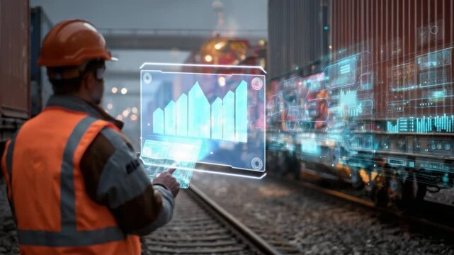 Railway Logistics: A railway worker uses a digital interface to monitor train cargo, representing innovation and efficiency in transport operations.