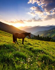 Brown horse grazes in a mountain meadow at sunset