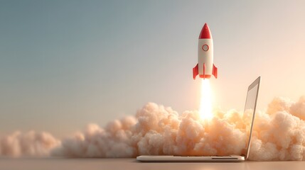 Rocket Launching from Laptop with Clouds in Background