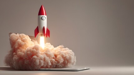 Rocket Launching from Laptop, Symbolizing Innovation and Growth