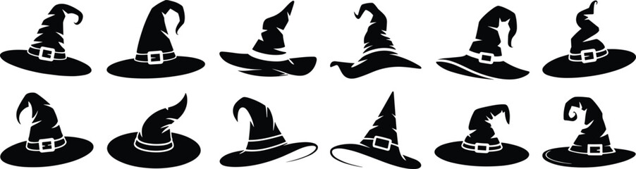 Witch Hat Silhouettes: A Vector Collection of Classic Halloween Costume and Spooky Party Icons for Holiday Designs.