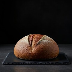  A simple, elegant shot of a single, perfectly round loaf of rye bread placed on a dark slate board. The setting is a professional kitchen with sleek, clean surfaces,