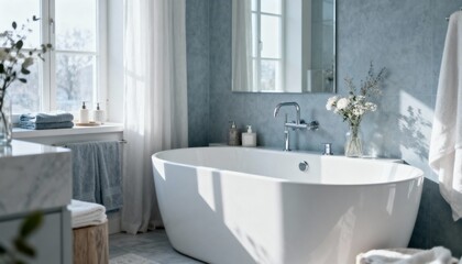 Elegant Bathroom Interior with Freestanding Tub, Natural Light, and Modern Design Elements Showcasing a Peaceful and Luxurious Spa-Like Ambience