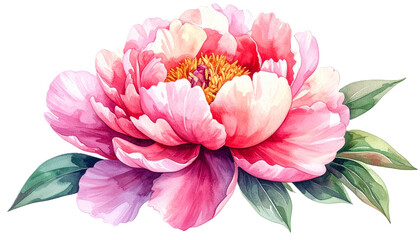 Obraz premium Cheerful flower vector with garden vibes, pink peony blossom and lush green leaves create vibrant and uplifting floral illustration