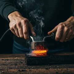 hands pressing a hot branding iron with an intricate logo into a piece of scorched pine.  about leaving a mark and personal identity.