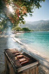 Grilling up some delicious barbecue while enjoying the beautiful beach sunset experience